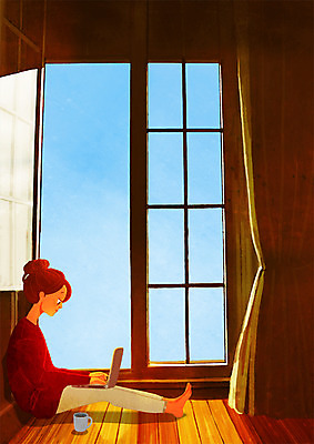 PSD 여자 여유 일러스트 창문 휴식 실내 한명 성인 노트북 머그컵 커튼 힐링 소확행 국내일러스트 1 감정 컨셉 사람 내부 컵 전자제품 신조어 파일형식