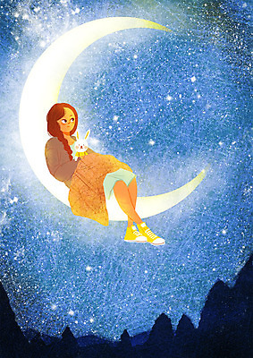 PSD 나무 여자 여유 일러스트 밤하늘 휴식 산 한명 성인 야외 달 토끼 야간 담요 힐링 소확행 국내일러스트 자연요소 식물 1 감정 컨셉 포유류 하늘 사람 반려동물 신조어 파일형식