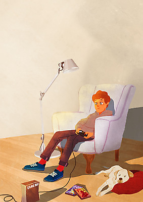 PSD 남자 여유 쿠션 의자 일러스트 휴식 실내 한명 성인 소파 게임 스탠드 강아지 게임기 힐링 안식처 소확행 국내일러스트 1 감정 가구 컨셉 놀이 조명 사람 내부 반려동물 개 신조어 파일형식