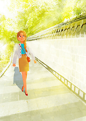 주간 PSD 여자 여유 일러스트 휴식 한명 성인 야외 산책 힐링 돌담길 소확행 국내일러스트 자연요소 1 감정 길 컨셉 돌담 사람 신조어 파일형식