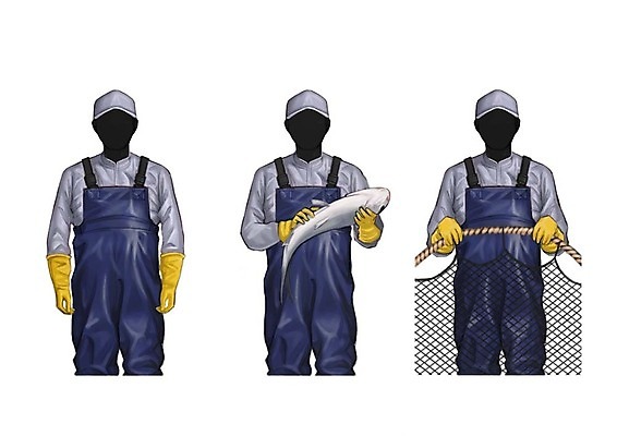 PSD 직업 모자 남자 일러스트 어류 성인 세명 세트 그물 어부 멜빵바지 고무장갑 얼굴없음 국내일러스트 잡화 장갑 바지 사람 수중동물 멜빵 고무 파일형식