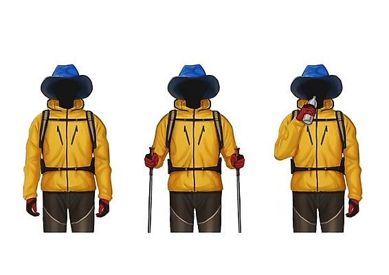 PSD 직업 모자 남자 일러스트 성인 세명 세트 등산객 물병 등산복 등산모자 얼굴없음 국내일러스트 모자_잡화 잡화 옷 사람 등산 물통 파일형식