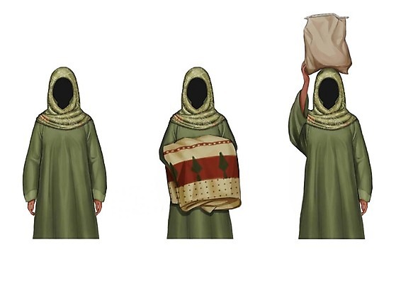 PSD 직업 여자 음식 일러스트 성인 세명 세트 이불 담요 난민 히잡 얼굴없음 국내일러스트 침구 사람 이슬람문화 파일형식