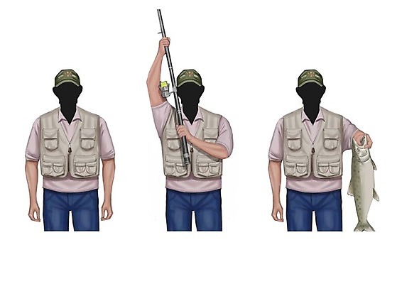 PSD 직업 모자 남자 일러스트 성인 세명 세트 반팔티셔츠 청바지 조끼 낚싯대 낚시꾼 생선묵 얼굴없음 국내일러스트 잡화 티셔츠 바지 사람 외투 낚시용품 파일형식