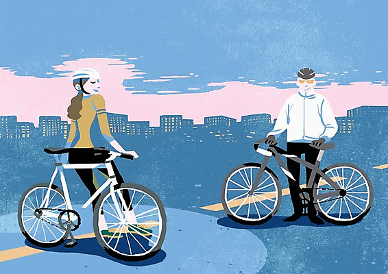 PSD 여자 남자 행복 도로 여유 일러스트 빌딩 성인 취미 두명 자전거 도시 헬멧 즐거움 동호회 국내일러스트 감정 길 교통시설 사람 건물 바이크 보호장비 파일형식