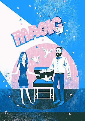 PSD 여자 남자 행복 여유 일러스트 조명 성인 취미 두명 공연 마술 즐거움 비둘기 동호회 마술쇼 국내일러스트 감정 조류 사람 이벤트 파일형식