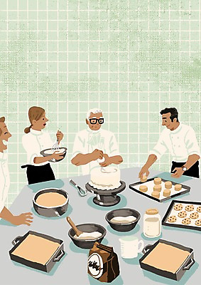 PSD 여자 노년 남자 행복 여유 일러스트 여러명 성인 취미 쿠키 케이크 조리복 즐거움 밀가루 제빵 제빵도구 동호회 안경낌 킨포크 국내일러스트 감정 안경 다수 유니폼 디저트 사람 제과제빵 가루 파일형식