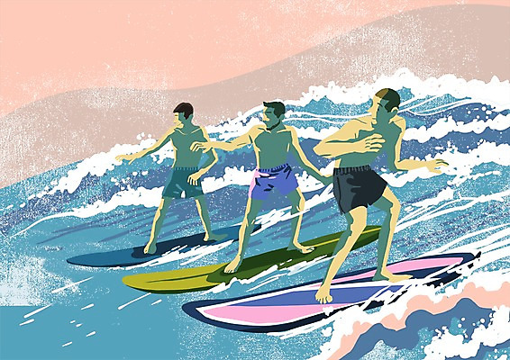 PSD 남자 수영복 행복 여유 바다 일러스트 성인 취미 세명 서핑보드 서핑 즐거움 동호회 국내일러스트 옷 감정 사람 수상스포츠 보드_스포츠 파일형식