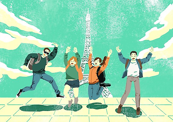 PSD 구름 여자 남자 행복 여유 여행 가방 일러스트 여러명 성인 취미 점프 에펠탑 즐거움 동호회 국내일러스트 자연요소 잡화 감정 다수 모션 사람 파리 랜드마크 파일형식