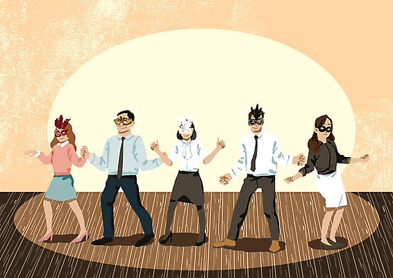 PSD 여자 남자 행복 여유 일러스트 가면 여러명 성인 취미 공연 무대 춤 즐거움 동호회 뮤지컬 국내일러스트 감정 다수 문화예술 사람 이벤트 파일형식