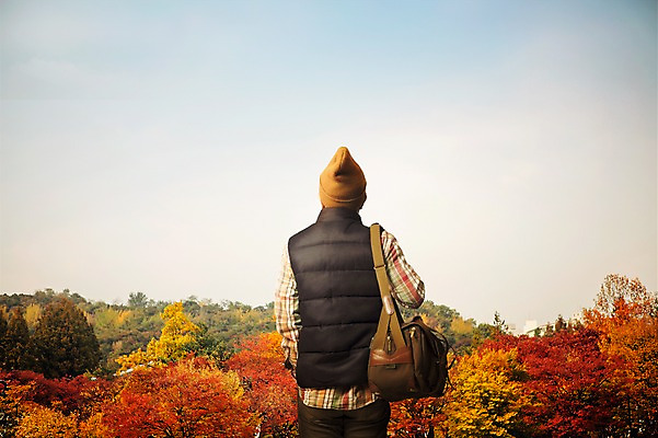 PSD 편집이미지 남자 단풍 자연 하늘 단풍나무 한명 서기 풍경 상반신 성인 뒷모습 가을 디지털합성 합성 크로스백 비니 가을여행 체크셔츠 패딩조끼 이미지편집 나무 모자_잡화 1 계절 뷰포인트 여행 셔츠 잎 가방 모션 사람 조끼 생태계 패딩 파일형식 가을_계절