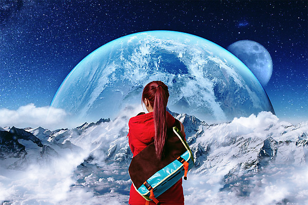 PSD 편집이미지 여자 별 지구 산 한명 서기 풍경 상반신 성인 뒷모습 우주 점퍼 행성 안개 달 디지털합성 합성 크로스백 우주여행 포니테일 이미지편집 자연요소 1 헤어스타일 뷰포인트 여행 가방 모션 날씨 사람 외투 파일형식