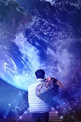 PSD 편집이미지 남자 별 지구 한명 서기 들기 풍경 상반신 성인 뒷모습 우주 행성 디지털합성 합성 크로스백 우주여행 패딩 이미지편집 자연요소 1 뷰포인트 여행 가방 모션 사람 점퍼 파일형식