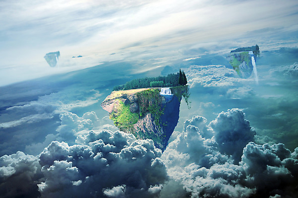 JPG 나무 구름 편집이미지 섬 상상 하늘 사람없음 폭포 꿈 디지털합성 합성 디지털아트 편집실사 자연요소 식물 자연 CG 파일형식