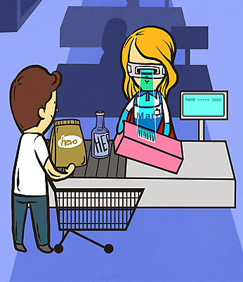 PSD 직업 여자 남자 일러스트 성인 두명 카트 계산대 바코드 영웅 계산원 슈퍼히어로 스캔 초능력 국내일러스트 사람 파일형식