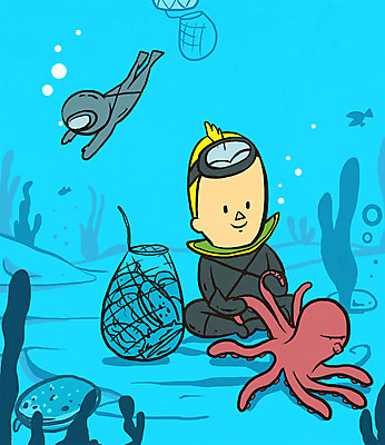 PSD 직업 남자 일러스트 조개 성인 두명 바닷속 그물 해조류 잠수 문어 영웅 해녀 슈퍼히어로 초능력 해녀복장 국내일러스트 옷 어패류 연체동물 사람 수중 수중동물 해양식물 파일형식