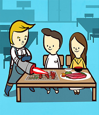 PSD 직업 여자 남자 음식 의자 일러스트 식탁 불 성인 세명 식당 굽기 영웅 고기구이 슈퍼히어로 초능력 국내일러스트 자연요소 가구 탁자 사람 상점 구이 파일형식