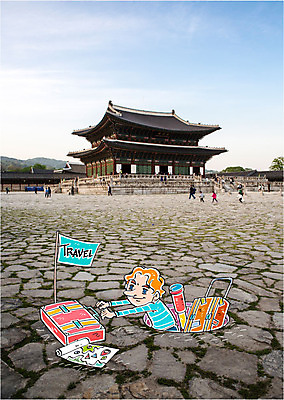 주간 편집이미지 남자 여행 지도 가방 바닥 합성일러스트 여러명 성인 야외 여행객 캐리어 합성 경복궁 이미지편집 AI파일 자연요소 잡화 다수 한국 사람 여행가방 궁전 파일형식 벡터