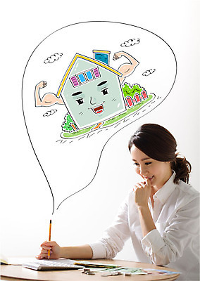 편집이미지 여자 부동산 주택 합성일러스트 한명 성인 경제 연필 한국인 합성 이미지편집 AI파일 1 학용품 사람 동양인 건물 필기구 재산 파일형식 벡터