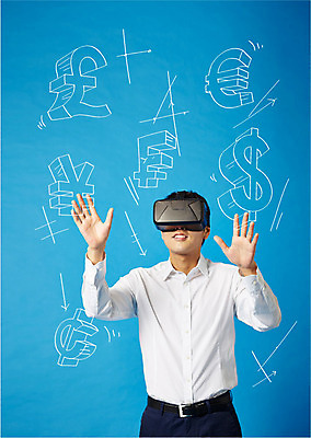 편집이미지 남자 합성일러스트 한명 성인 경제 달러 한국인 유로 화폐기호 엔 합성 파운드 가상현실 오큘러스 VR기기 이미지편집 AI파일 1 기호 돈 사람 동양인 기계 화폐 파일형식 벡터