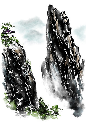 PSD 일러스트 캘리그라피 바위산 수묵화 사람없음 절벽 폭포 바위 정자 국내일러스트 건축물 자연 미술 돌_바위 돌산 파일형식