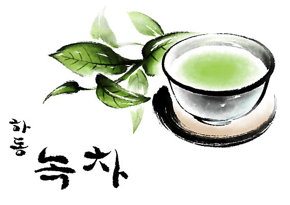 PSD 일러스트 캘리그라피 수묵화 사람없음 찻잔 녹차 특산물 녹차잎 국내일러스트 잔 미술 차_음료 찻잎 파일형식