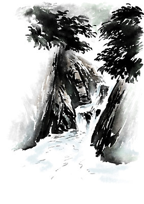 PSD 나무 일러스트 캘리그라피 산 수묵화 풍경 사람없음 폭포 국내일러스트 식물 자연 미술 파일형식