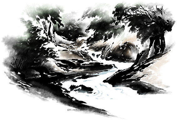 PSD 나무 일러스트 캘리그라피 수묵화 풍경 사람없음 물 계곡 국내일러스트 자연요소 식물 미술 파일형식