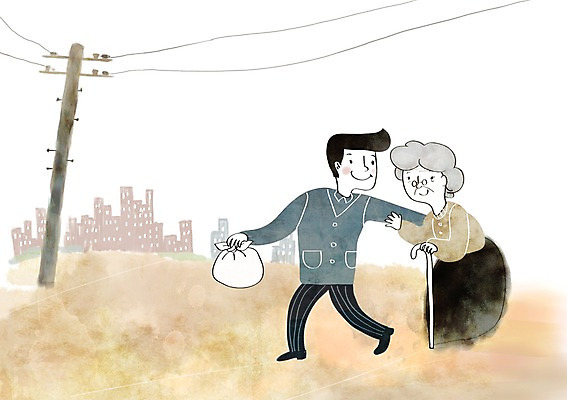 PSD 여자 노년 남자 할머니 일러스트 지팡이 빌딩 성인 두명 희망 봉사 도움 보따리 전봇대 길안내 나눔 국내일러스트 공공시설 감정 컨셉 안내 사람 건물 파일형식