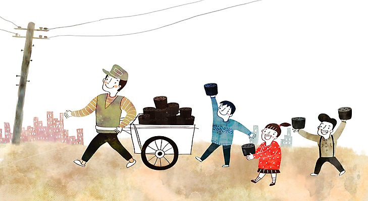 PSD 여자 남자 어린이 일러스트 빌딩 여러명 성인 희망 수레 봉사 전봇대 나눔 연탄 연탄배달 연탄배달부 국내일러스트 공공시설 감정 다수 사람 건물 카트 도움 배송 파일형식