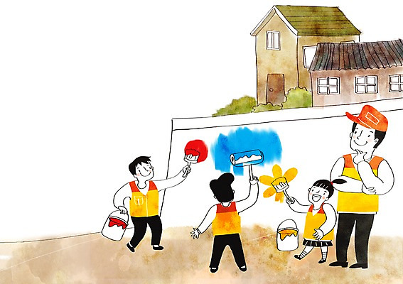 PSD 여자 남자 어린이 일러스트 주택 여러명 성인 담장 희망 페인트 봉사 페인트칠 페인트붓 나눔 국내일러스트 감정 다수 페인팅 사람 건물 붓 도움 파일형식