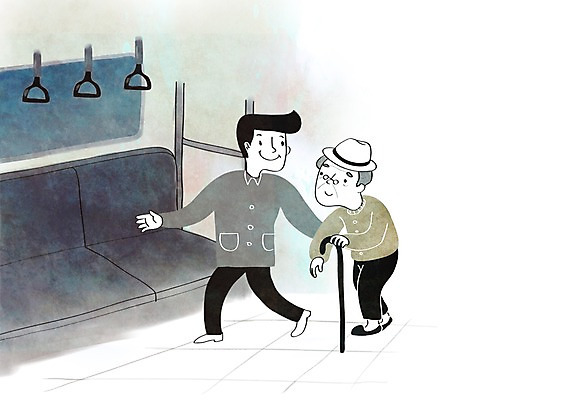 PSD 할아버지 노년 남자 일러스트 지팡이 안내 성인 두명 희망 봉사 도움 전철 나눔 국내일러스트 감정 육상교통 컨셉 대중교통 사람 파일형식