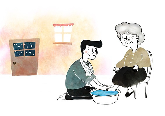 PSD 여자 노년 남자 할머니 의자 일러스트 창문 슬리퍼 성인 두명 물 수건 바구니 문 희망 봉사 대야 나눔 발씻기 국내일러스트 자연요소 감정 가구 신발 사람 위생용품 도움 파일형식