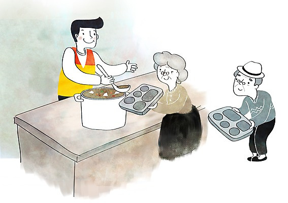 PSD 여자 할아버지 노년 남자 할머니 일러스트 탁자 성인 세명 희망 봉사 냄비 국자 나눔 식판 무료급식 배식 국내일러스트 감정 가구 주방용품 사람 도움 솥 급식 파일형식