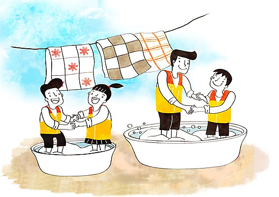 PSD 여자 남자 어린이 일러스트 여러명 성인 희망 이불 봉사 빨래 빨랫줄 대야 나눔 국내일러스트 감정 줄 다수 가사 침구 사람 도움 파일형식