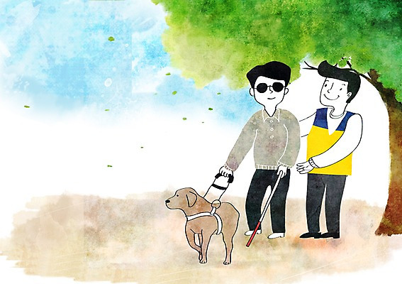 PSD 나무 남자 일러스트 성인 두명 선글라스 희망 봉사 도움 막대기 강아지 나눔 시각장애인 안내견 국내일러스트 식물 감정 안경 컨셉 사람 반려동물 개 장애인 파일형식