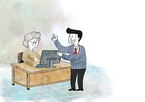 PSD 여자 교육 노년 남자 할머니 일러스트 성인 두명 컴퓨터 모니터 희망 봉사 책상 나눔 컴퓨터교육 국내일러스트 감정 가구 사람 전자제품 도움 파일형식