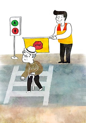 PSD 모자 할아버지 노년 남자 일러스트 지팡이 성인 두명 희망 봉사 횡단보도 신호등 교통안전 나눔 국내일러스트 잡화 감정 안전 사람 도움 보행로 파일형식