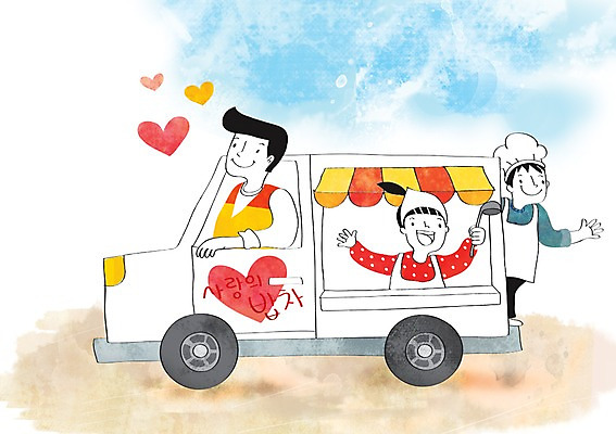 PSD 여자 남자 일러스트 요리사모자 성인 세명 희망 하트 봉사 국자 나눔 무료급식 밥차 국내일러스트 모양 모자_잡화 감정 주방용품 사람 요리사 도움 특수차량 급식 파일형식