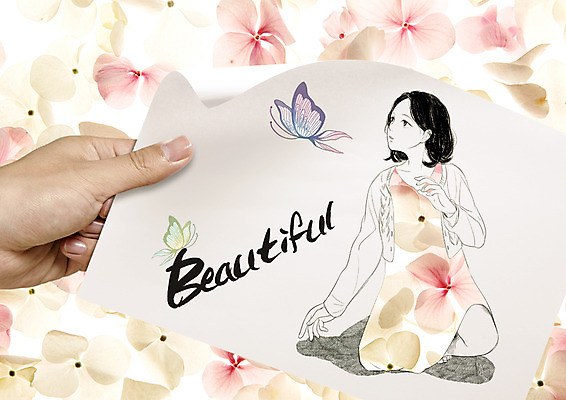 PSD 편집이미지 손 영어 여자 꽃 종이 나비 한손 앉기 두명 신체부위 잡기 무릎꿇기 뷰티풀 이미지편집 식물 문자 곤충 모션 사람 파일형식