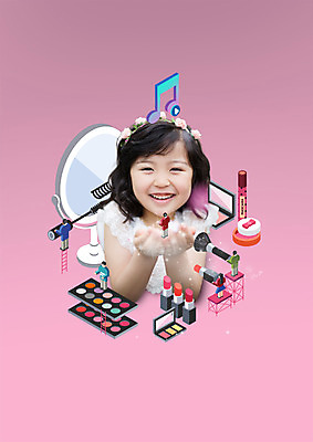 PSD 편집이미지 여자 한명 미소 상반신 앞모습 화장 유치원생 한국인 립스틱 붓 마스카라 파우더 아이섀도 이미지편집 1 어린이 뷰포인트 표정 사람 동양인 뷰티 화장품 파일형식