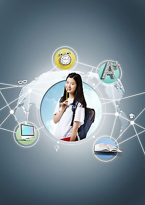 PSD 편집이미지 여자 고등학생 한명 상반신 책 컴퓨터 펼침 한국인 자명종 네트워크 연결 청소년교육 에이플러스 이미지편집 1 학생 교육 시계 모션 청소년 사람 동양인 전자제품 알람 점수 파일형식