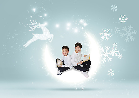 전신 PSD 편집이미지 여자 남자 초등학생 눈꽃 두명 독서 지구본 루돌프 초승달 일본인 가부좌 이미지편집 외국인 학생 크리스마스 사슴 눈_날씨 사람 앉기 동양인 달 파일형식