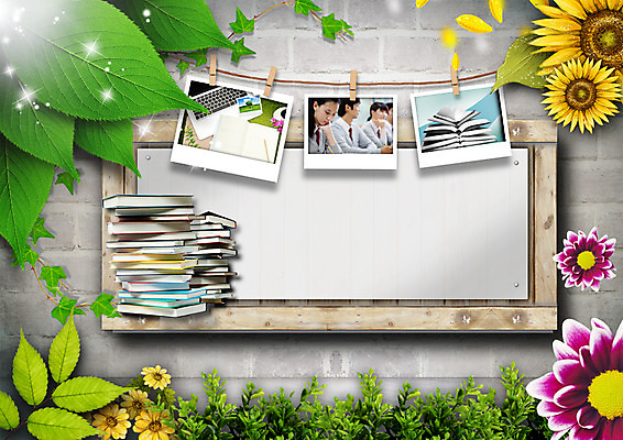 PSD 편집이미지 학생 여자 남자 꽃 교복 청소년 나뭇잎 프레임 집게 책 세명 한국인 덩굴 기념사진 이미지편집 식물 옷 잎 사람 동양인 파일형식