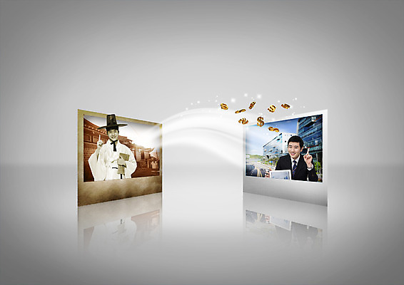 PSD 편집이미지 남자 미래 정장 상반신 20대 성인 두명 앞모습 30대 달러 한국인 비즈니스맨 화폐기호 한복 과거 폴라로이드사진 양반 선비 이미지편집 갓모자 모자_잡화 한국전통 기호 옷 뷰포인트 컨셉 돈 비즈니스 전통소품 사람 동양인 청년 장년 직장인 전통의상 화폐 신분 폴라로이드 파일형식