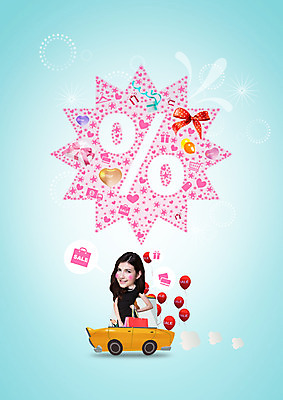 PSD 백인 편집이미지 여자 한명 상반신 20대 성인 쇼핑 쇼핑백 세일 퍼센트 오픈카 풍선 이미지편집 서양인 1 가방 승용차 사람 청년 특수기호 파일형식