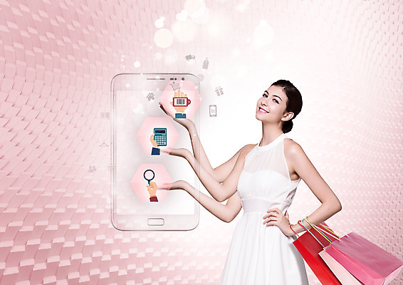 PSD 백인 편집이미지 여자 돋보기 한명 미소 들기 상반신 20대 성인 스마트폰 쇼핑 쇼핑백 계산기 바코드 이미지편집 서양인 1 가방 모션 문구용품 표정 사람 청년 핸드폰 스마트기기 장비 파일형식