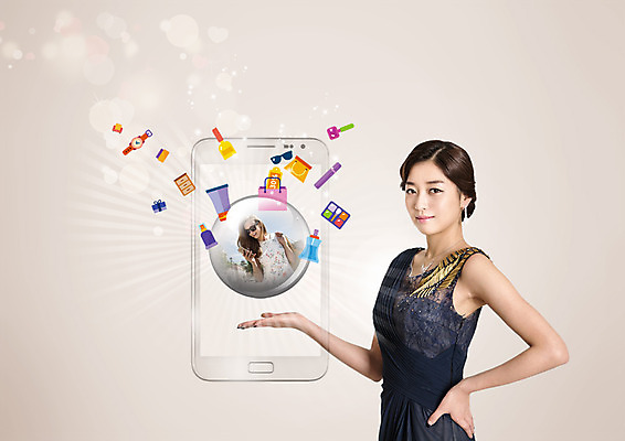 PSD 편집이미지 잡화 여자 허리손 안내 상반신 20대 성인 두명 스마트폰 쇼핑 화장품 한국인 원형 이미지편집 도형 포즈 사람 동양인 청년 핸드폰 스마트기기 뷰티 파일형식