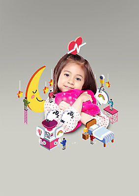 PSD 외국인 편집이미지 여자 별 어린이 한명 상반신 앞모습 기계 꿈 침대 잠 양 초승달 이미지편집 자연요소 1 뷰포인트 가구 포유류 사람 인종 달 파일형식