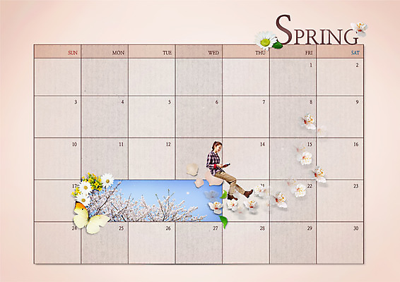 PSD 편집이미지 여자 여행 나비 휴가 한명 성인 봄 한국인 달력 벚꽃 이미지편집 1 계절 꽃 곤충 사람 동양인 파일형식